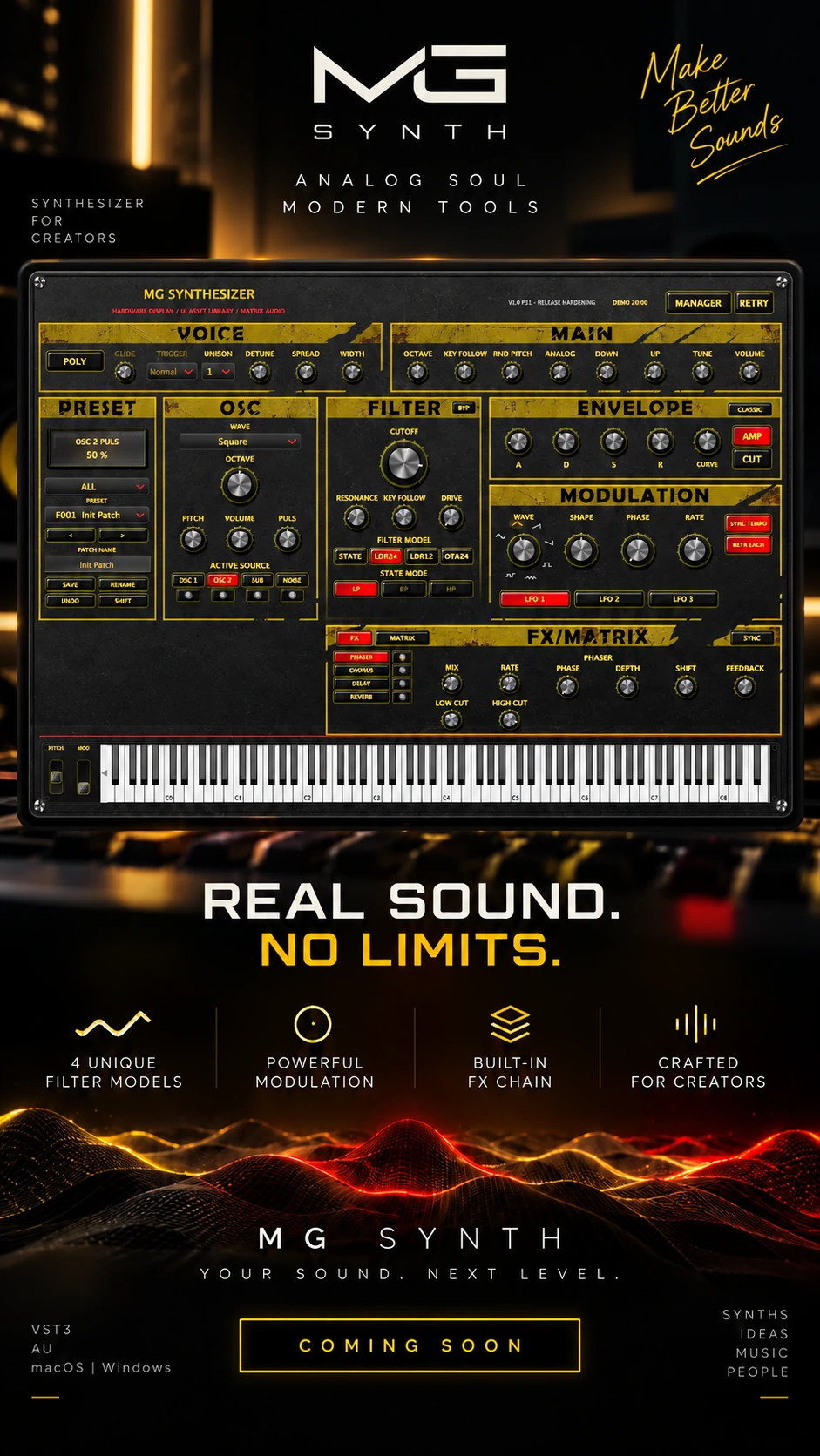 MG Synth promotional artwork showing the synthesizer interface and the words Real Sound, No Limits